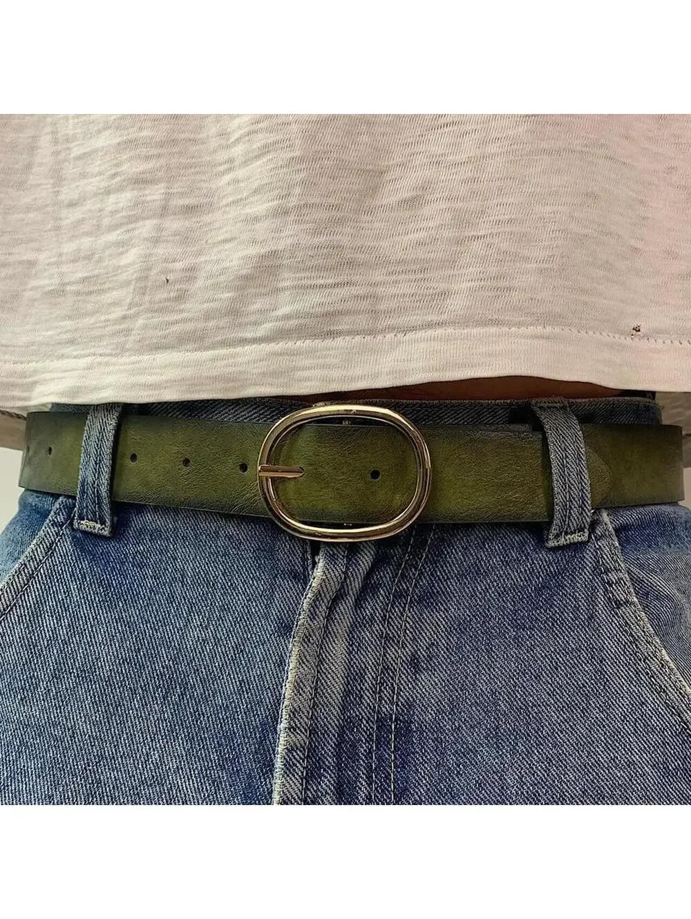 Faded Green leather belt with Gold oval belt buckle. Very cool unique belt. Y2k